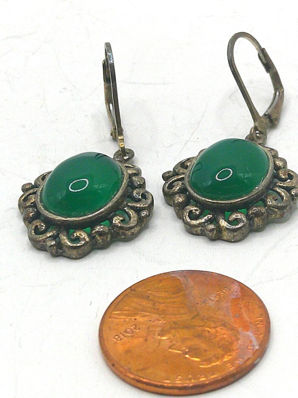 Green Cabochon in Antiqued Setting Earring